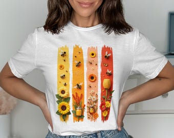 Buntes Blumen- und Bienen-Kunst-Grafik-Hemd Sommer-Natur-Liebhaber-Geschenk Boho-Art-Sommer-Mode Grafik-T-Stück Freizeitkleidung-Hemd