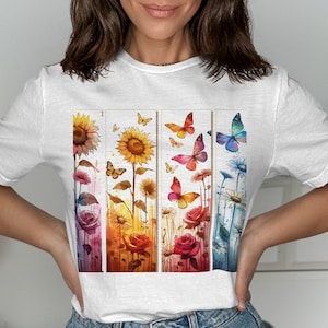 Floral Butterfly T Shirt Colorful Flower Tee Butterfly Graphic Shirt Floral Summer Top Nature Inspired Tee Art Print Shirt