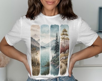 Natur Landschaft Kunst T-Shirt Vier Jahreszeiten Design Bergsee Szene Einzigartiges Geschenk für Outdoor-Liebhaber Aquarell Tee Natur-Liebhaber Geschenk
