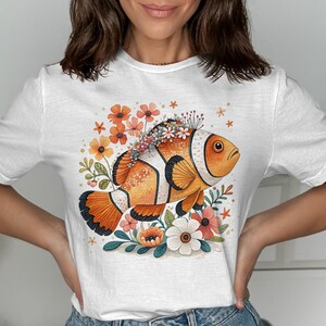 Clownfish Floral T-Shirt, Vibrant Fish Graphic Tee, Colorful Sea Life Shirt, Ocean Themed Clothing, Unique Marine Life Top