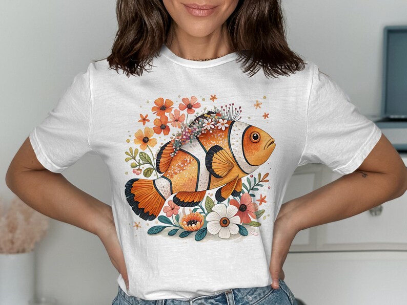 Clownfish Floral T-Shirt, Vibrant Fish Graphic Tee, Colorful Sea Life Shirt, Ocean Themed Clothing, Unique Marine Life Top