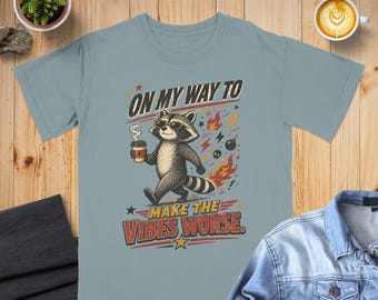 Maglietta con procione sarcastico, divertente, smorzatore di vibrazioni, maglietta edgy per amanti del caffè, grafica animale, retrò grunge, umorismo antisociale, regalo