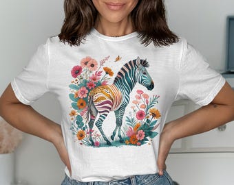 Camiseta única con estampado de cebra y flores, camiseta con diseño floral, camiseta con estampado de cebra y flores, camiseta colorida con estampado de cebra, regalo para ella