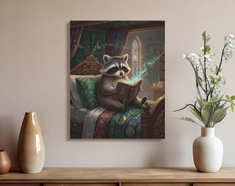 Lámina artística de un mapache mágico leyendo un libro. Decoración acogedora para dormitorio con temática de animales fantásticos. Póster grande en lienzo. Arte mural de biblioteca encantada y caprichosa. Único.