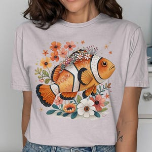 Cute Clownfish and Floral Graphic Tee, Colorful Fish T Shirt, Womens Summer Casual Top, Unique Ocean Inspired Apparel