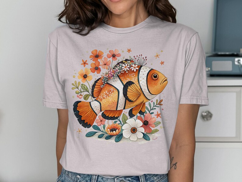 Cute Clownfish and Floral Graphic Tee, Colorful Fish T Shirt, Womens Summer Casual Top, Unique Ocean Inspired Apparel