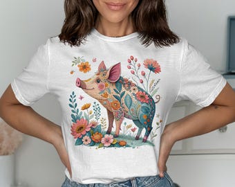 Camiseta de cerdo con flores, linda camiseta de animal, camiseta de cerdo con flores, camiseta gráfica de cerdito, atuendo de primavera y verano, linda camiseta de cerdo para mujeres y hombres