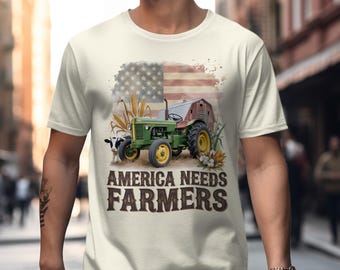 L'America ha bisogno di agricoltori, maglietta patriottica, fattoria, trattore, bandiera USA, fienile, cotone, mais, vita di campagna, regalo per agricoltori