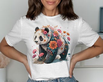 Linda camiseta con gráfico de panda floral, camiseta con oso panda floral, regalo para amantes de los pandas, camiseta con diseño artístico de panda, camiseta con arte animal artístico
