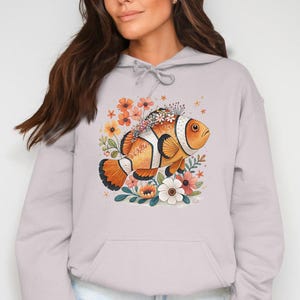 Clown Fish Floral Hoodie, Ocean Theme Sweatshirt, Cute Fish Graphic Hoodie, Nature Inspired Hoodie, Comfy Casual Wear