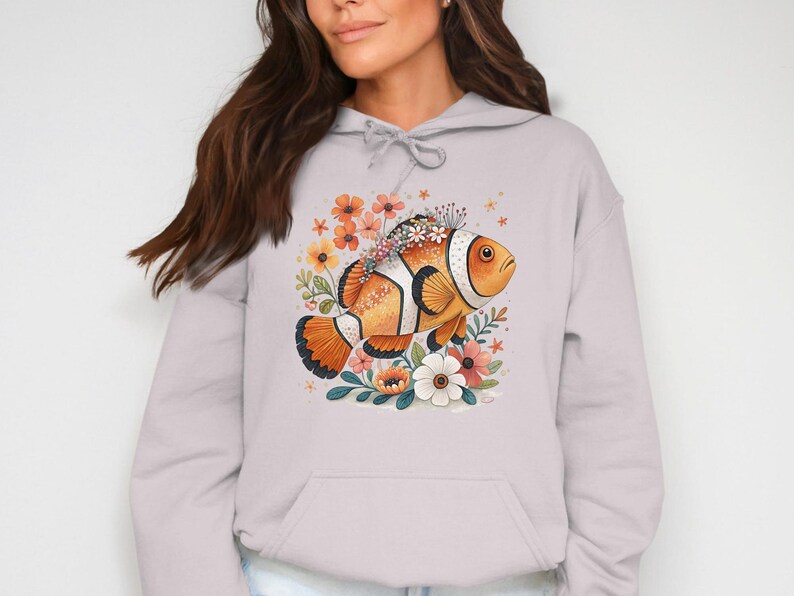 Clown Fish Floral Hoodie, Ocean Theme Sweatshirt, Cute Fish Graphic Hoodie, Nature Inspired Hoodie, Comfy Casual Wear