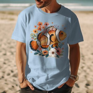 Clownfish Graphic T-Shirt, Ocean Marine Life Art Tee, Colorful Fish Print Clothing, Unique Beach Theme Apparel, Sea Lover Gift