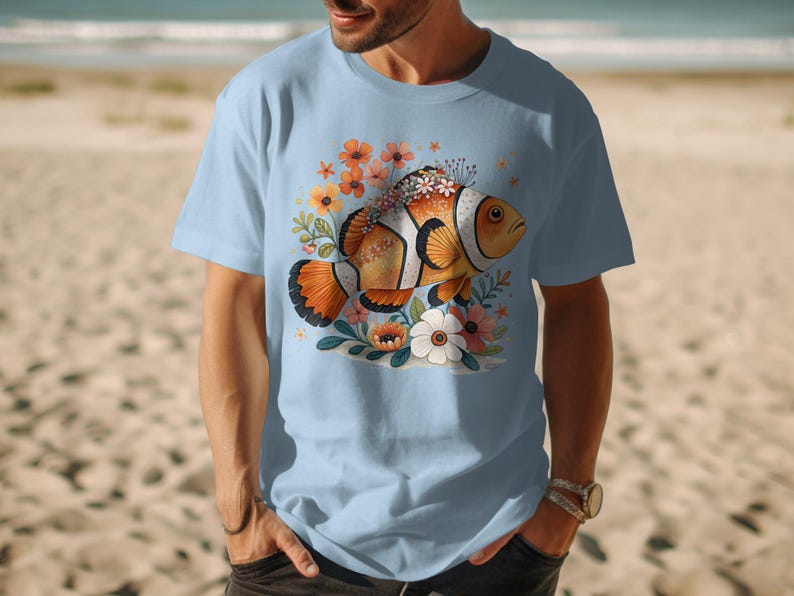 Clownfish Graphic T-Shirt, Ocean Marine Life Art Tee, Colorful Fish Print Clothing, Unique Beach Theme Apparel, Sea Lover Gift