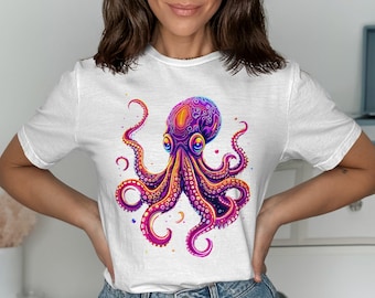 Buntes Oktopus-Grafik-T-Stück Lebendiges Ozean-Tier-T-Shirt Einzigartiges Seegeschöpf-Entwurfs-Shirt Geschenk für Meeresleben-Liebhaber kühles Art-Shirt
