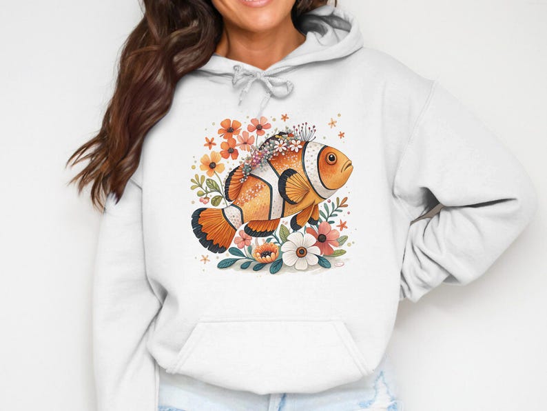 Clownfish Hoodie Sweatshirt, Fish Themed Pullover, Cozy Casual Wear, Ocean Animal Graphic, Unisex Comfortable Outfit