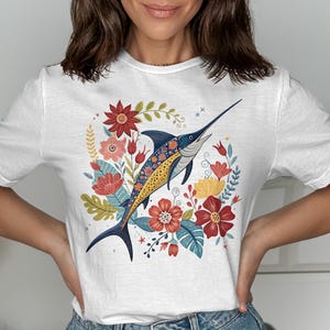 Floral Swordfish Art TShirt Ocean Inspired Tee Unique Fish Design Nautical Themed Shirt Colorful Graphic Top Artistic Gift
