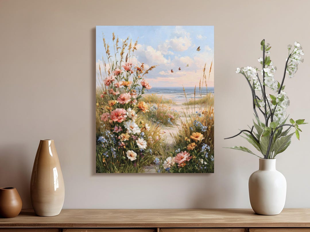 Coastal Beach Wildflower Print Art Serene Ocean Landscape Painting With ...