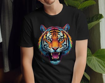 Maglietta con tigre dai colori vivaci, maglietta grafica psichedelica con tigre ruggente, maglietta con stampa animalier audace, regalo unico per gli amanti della fauna selvatica, per lui e per lei.