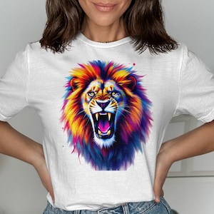 Bold Lion T Shirt Fierce Animal Design Vibrant Colorful Roaring Lion Tee Shirt Majestic Wild Animal Art Apparel Novelty Gift