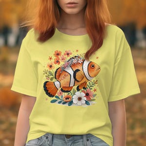 Cute Clownfish Graphic Tee, Summer Casual Yellow T-Shirt, Floral Design, Cute Animal Print Shirt, Beach Vacation Outfit