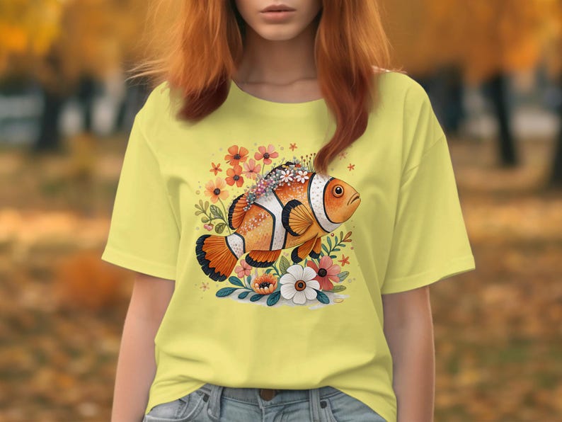 Cute Clownfish Graphic Tee, Summer Casual Yellow T-Shirt, Floral Design, Cute Animal Print Shirt, Beach Vacation Outfit