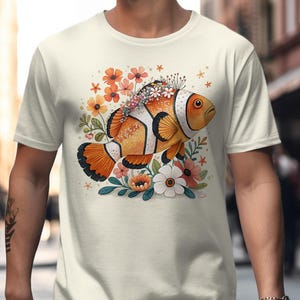Clownfish and Floral Graphic Tee, Nature Inspired T-Shirt, Unique Ocean Life Shirt, Vibrant Aquatic Design, Casual Summer Top