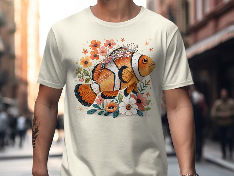 Clownfish and Floral Graphic Tee, Nature Inspired T-Shirt, Unique Ocean Life Shirt, Vibrant Aquatic Design, Casual Summer Top