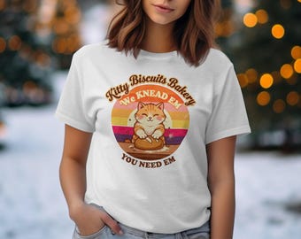 Maglietta Kitty Biscuits Bakery, We Knead Em You Need Em, Maglietta retrò per amanti dei gatti, Maglietta divertente da fornaio, Regalo vintage per mamme di gatti, Maglietta carina per amanti dei gattini