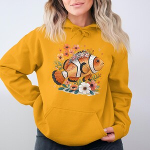 Clownfish Flower Hoodie, Cute Fish Sweatshirt, Womens Colorful Hoodies, Marine Life Design, Floral Ocean Sweatshirt
