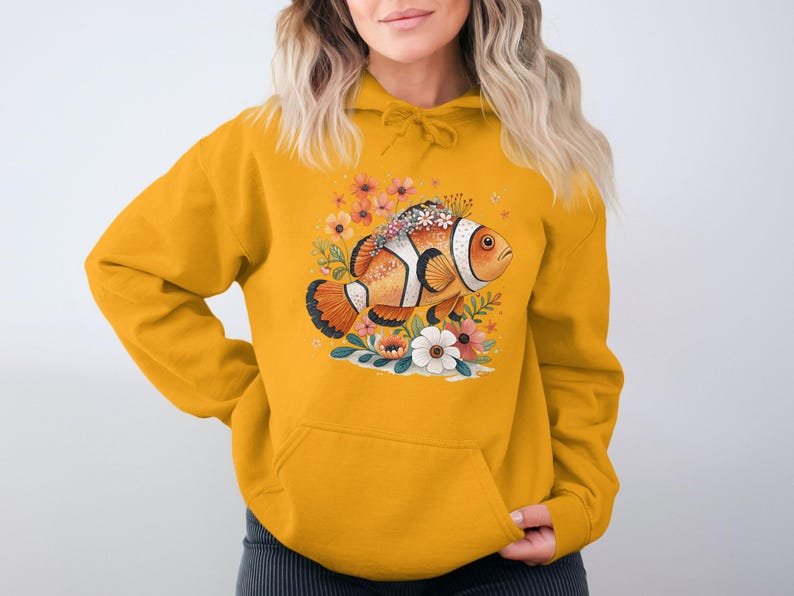 Clownfish Flower Hoodie, Cute Fish Sweatshirt, Womens Colorful Hoodies, Marine Life Design, Floral Ocean Sweatshirt
