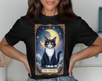 Tuxedo Cat Tarot Card T-Shirt Hoodie Mug Unique Feline Art Gift for Cat Lovers Celestial Starry Night Kitty Design
