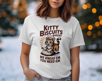 Maglietta Kitty Biscuits, Maglietta divertente con gatto fornaio, Maglietta con gioco di parole "We Knead Em", Regalo carino per amanti dei gatti, Top per mamma di gatti fornai