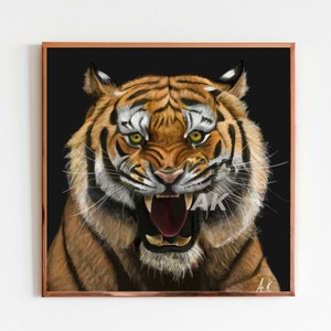 Pittura digitale feroce e sorprendente della tigre, maestosa arte della parete del grande gatto, bella arte della parete alla moda, carta da parati della fauna selvatica vibrante, stampa d'arte della tigre