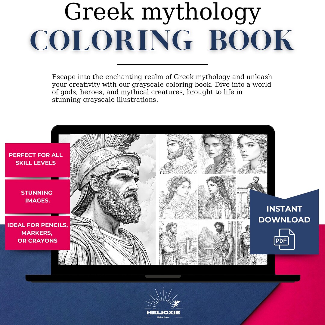 60 Greek Mythology Coloring Book for Adults and Kids, Grayscale ...