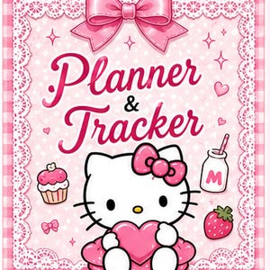 May include: A pink planner and tracker cover featuring a white cat character with a pink bow holding a heart. The design includes a lace border, a large pink bow at the top, a cupcake, a milk bottle with an M, and a strawberry on a gingham background.