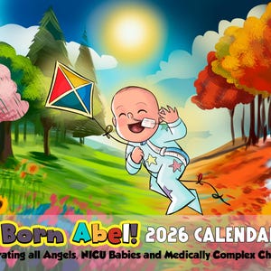 May include: A colorful illustration for a 2026 calendar, featuring a smiling baby in a light blue outfit holding a kite. The background shows a vibrant landscape with trees and flowers, with the text "Born Abel!" and "2026 CALENDAR".