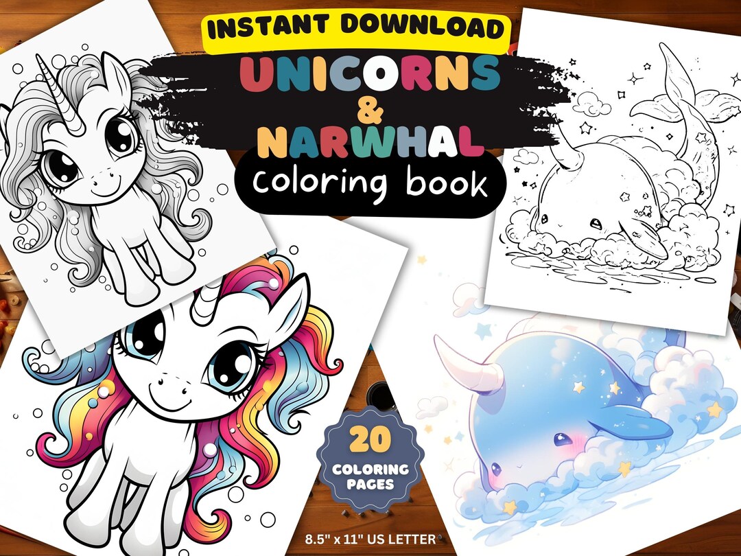 Unicorns and Narwhals Coloring Page Cute Coloring Book for Kid Adult