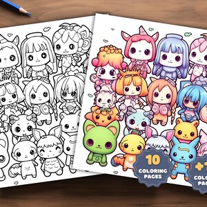 May include: A coloring book featuring 10 colorful pages and 10 black and white pages of cute cartoon characters. The characters are mostly animals with large eyes and bright colors.