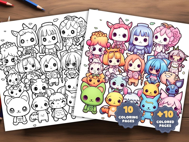 May include: A coloring book featuring 10 colorful pages and 10 black and white pages of cute cartoon characters. The characters are mostly animals with large eyes and bright colors.