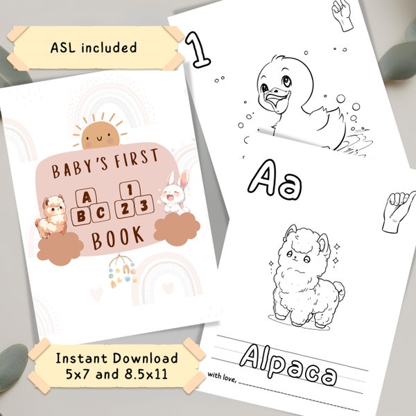 ABC Baby-Dusche-Malbuch druckbare Boho-Baby-Dusche-Aktivität erstes ABC-Buch, 123 Baby-Dusche-Malbuch ASL-Buch