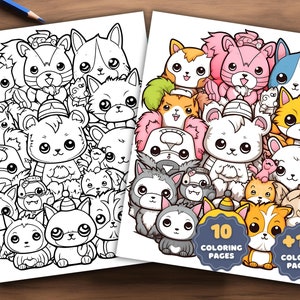 May include: A coloring book featuring 10 black and white pages and 10 colored pages of cute cartoon animals. The animals are mostly dogs and cats, but there are also some other animals like squirrels and rabbits. The animals are all drawn in a simple, cartoon style and are very adorable.