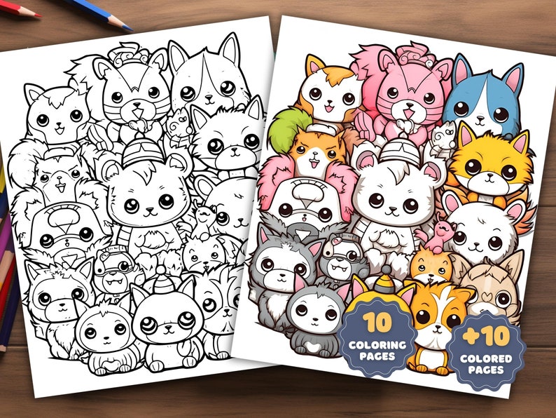 May include: A coloring book featuring 10 black and white pages and 10 colored pages of cute cartoon animals. The animals are mostly dogs and cats, but there are also some other animals like squirrels and rabbits. The animals are all drawn in a simple, cartoon style and are very adorable.