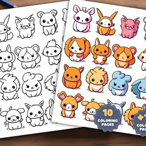 May include: A set of 20 coloring pages featuring cute cartoon animals. The first 10 pages are black and white line drawings of animals like bunnies, foxes, and cats. The second 10 pages are the same animals but colored in with bright colors. The text "10 Coloring Pages" and "10 Colored Pages" is included on the image.