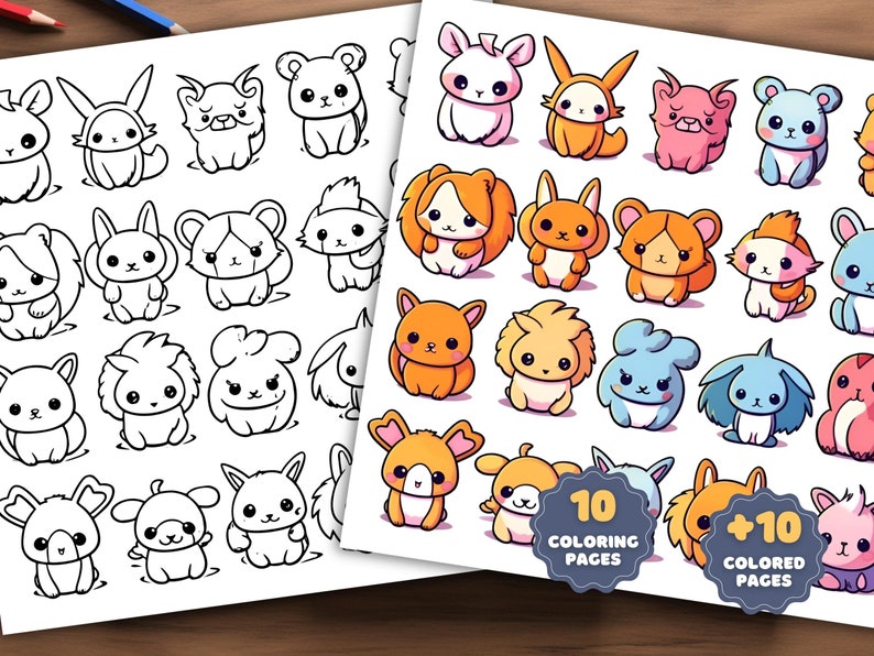May include: A set of 20 coloring pages featuring cute cartoon animals. The first 10 pages are black and white line drawings of animals like bunnies, foxes, and cats. The second 10 pages are the same animals but colored in with bright colors. The text "10 Coloring Pages" and "10 Colored Pages" is included on the image.