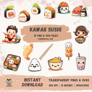 Kawaii Sushi Clipart Comida Fofa Clipart Onigiri Ramen Macarrão Pauzinhos Rolos de comida japonesa Rolo de sushi Sublimação