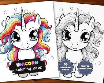 10 Kawaii Unicorn Coloring Pages, Cute Coloring Book For Kids and Adults, Grayscale Coloring Page Printable PDF Unicorn
