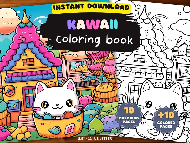 May include: A kawaii coloring book with 10 coloring pages and 10 colored pages. The cover features a cute cartoon house with a cat sitting in a bowl. The house is decorated with candy and other sweet treats. The book is 8.5 inches by 11 inches.
