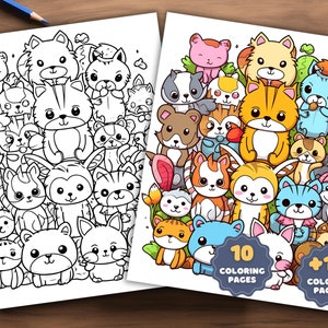May include: A coloring book featuring 10 coloring pages and 10 colored pages of cute cartoon animals. The animals are mostly cats and dogs, with some other animals like squirrels and raccoons. The animals are all in a variety of poses and expressions, and they are surrounded by flowers and other nature-themed elements.