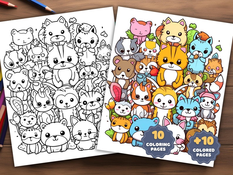 May include: A coloring book featuring 10 coloring pages and 10 colored pages of cute cartoon animals. The animals are mostly cats and dogs, with some other animals like squirrels and raccoons. The animals are all in a variety of poses and expressions, and they are surrounded by flowers and other nature-themed elements.