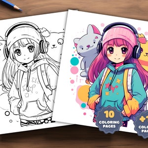 May include: A black and white coloring page featuring a girl with headphones and a backpack, surrounded by cartoon cats. The image is part of a set of 10 coloring pages and 10 colored pages.